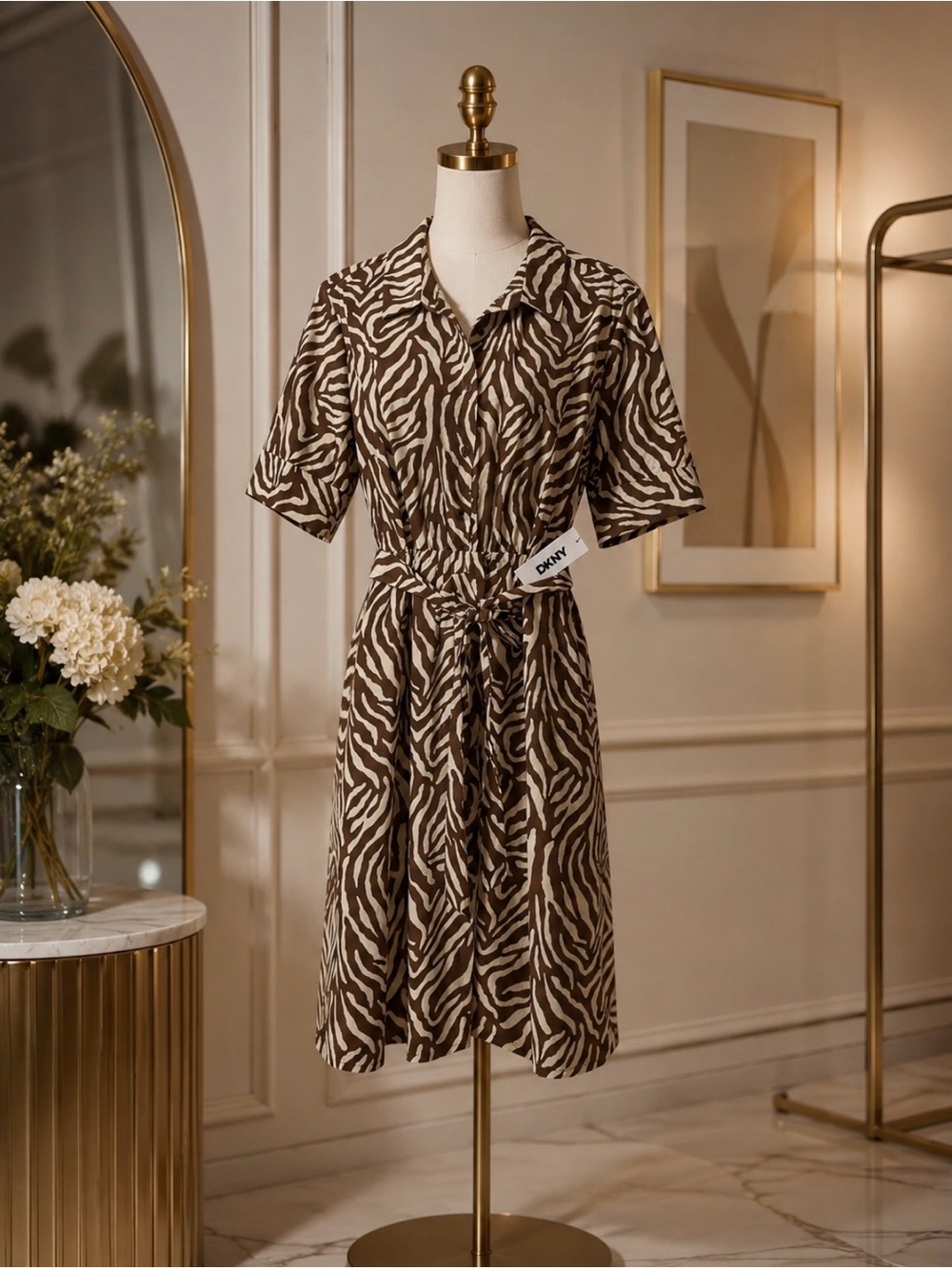 DKNY Brown and Cream Zebra Print Midi Shirt Dress